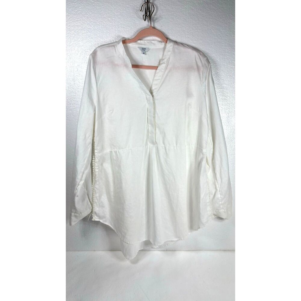 Crown & Ivy Womens White Roll Tab Long sleeve Linen Tunic Top Crochet Trim Large
